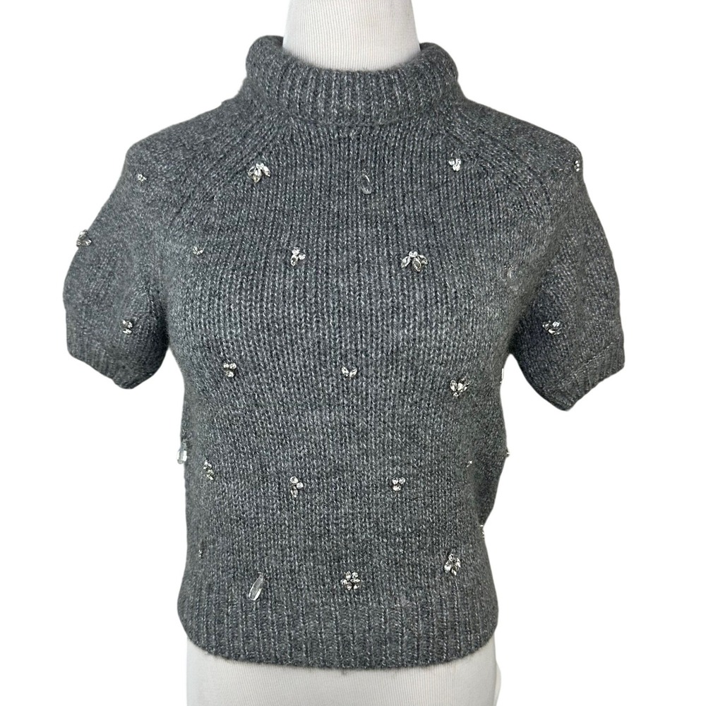 Zara Gray Embellished Rhinestone Mock Neck Short Sleeve Knit Sweater S 2893/127
